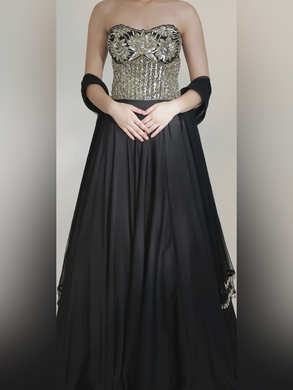 Strapless Black Lengha with Gold/Silver Embellished Corset Blouse